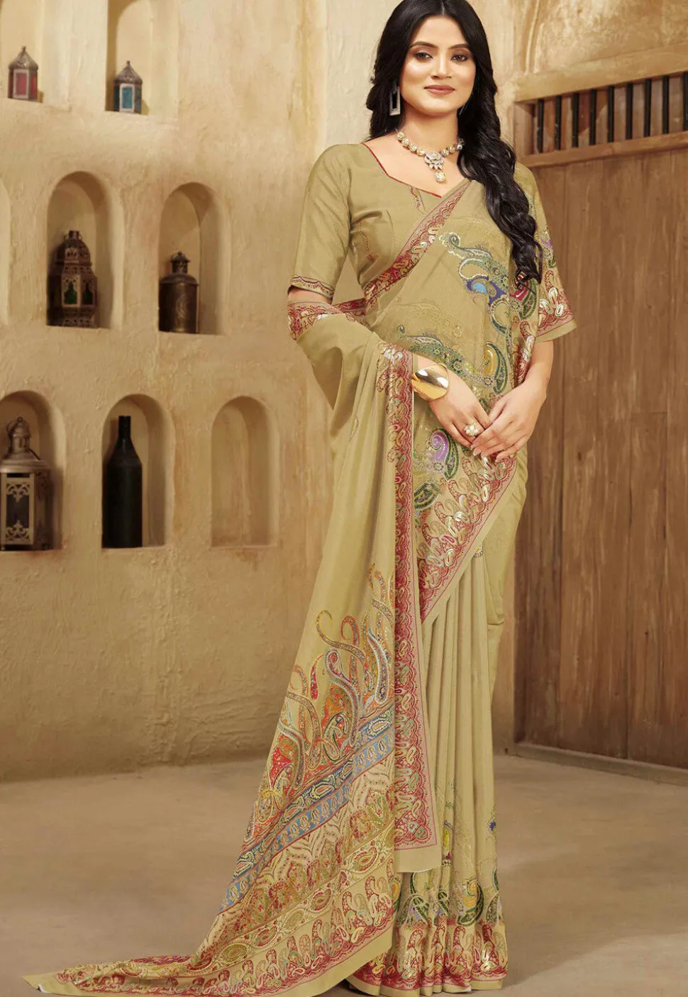 Digital Printed Crepe Silk Saree in Fawn