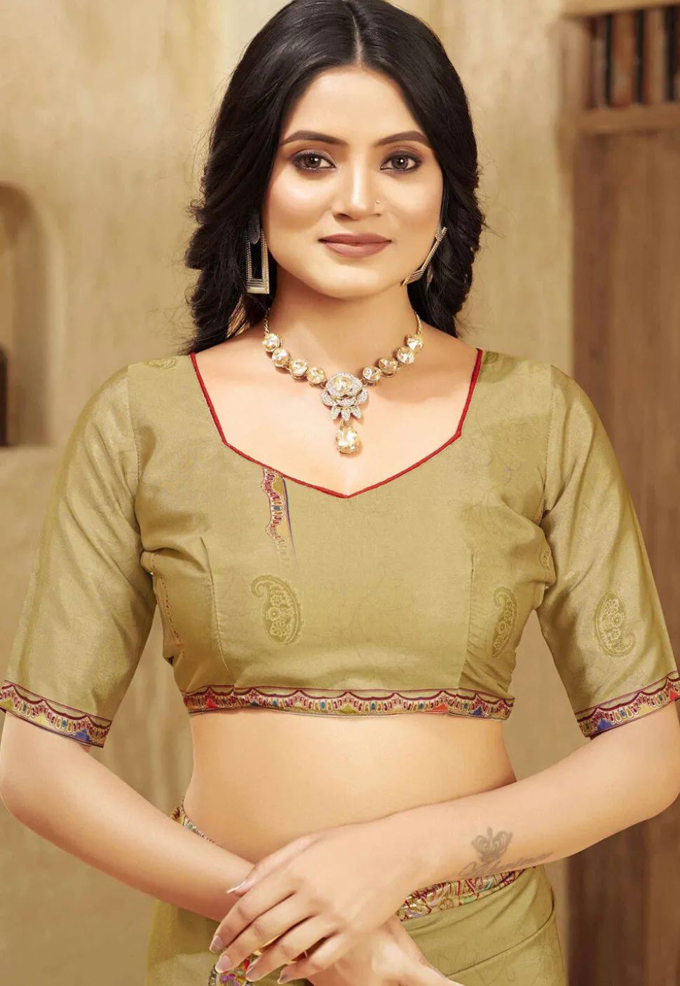 Digital Printed Crepe Silk Saree in Fawn