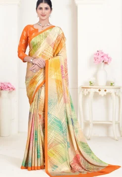 Digital Printed Crepe Silk Saree in Beige & Multicolor