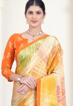 Digital Printed Crepe Silk Saree in Beige & Multicolor