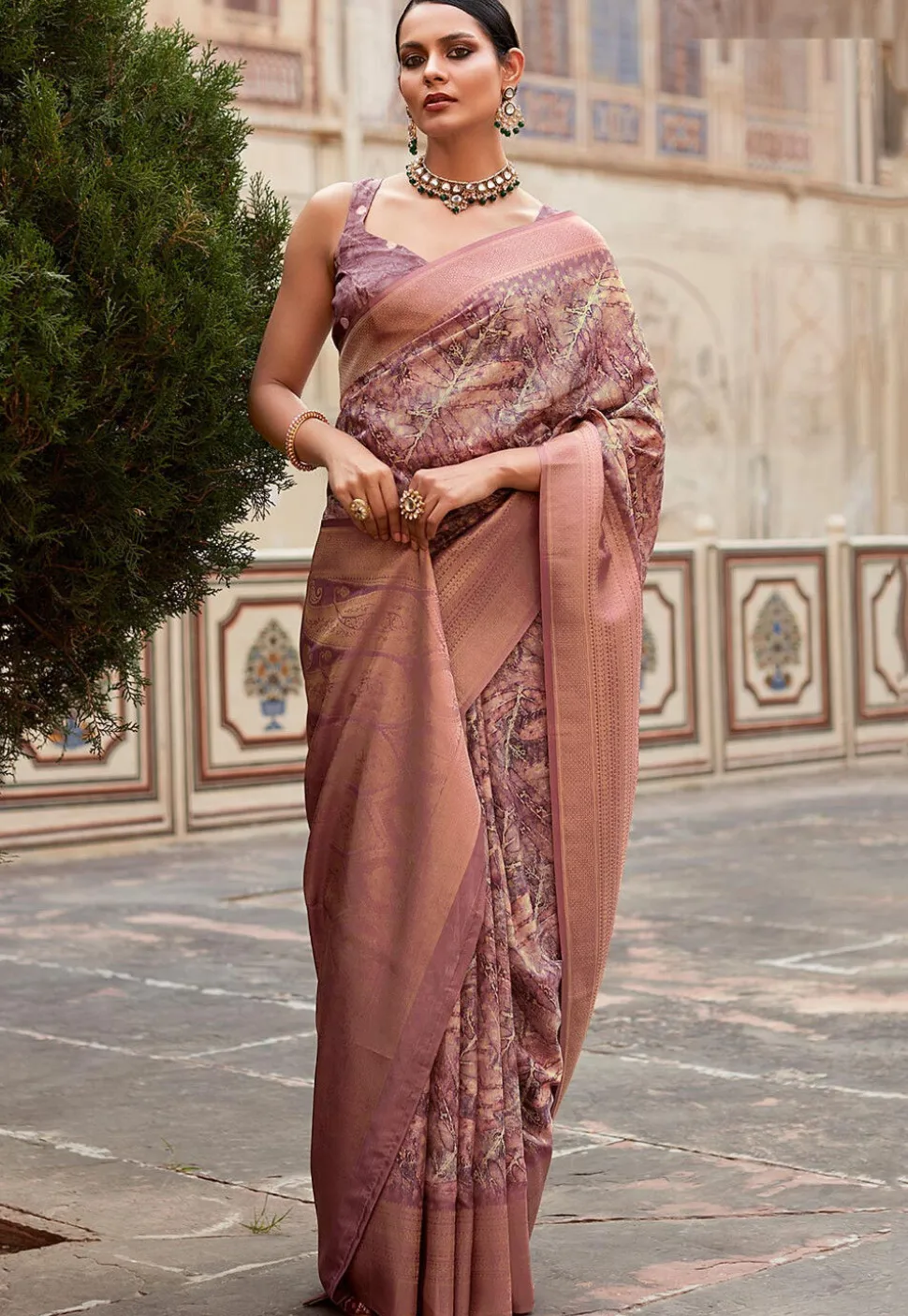 Digital Printed Crepe Silk Saree in Old Rose