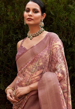 Digital Printed Crepe Silk Saree in Old Rose