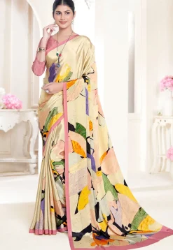 Digital Printed Crepe Silk Saree in Cream