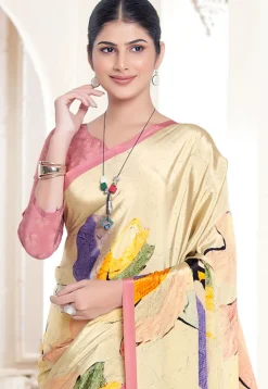 Digital Printed Crepe Silk Saree in Cream