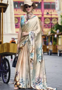 Digital Printed Crepe Silk Saree in Beige