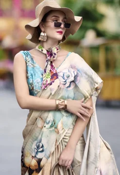 Digital Printed Crepe Silk Saree in Beige