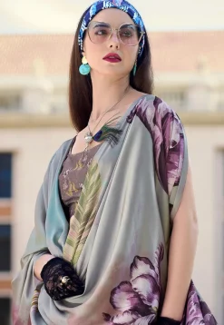 Digital Printed Crepe Silk Saree in Grey