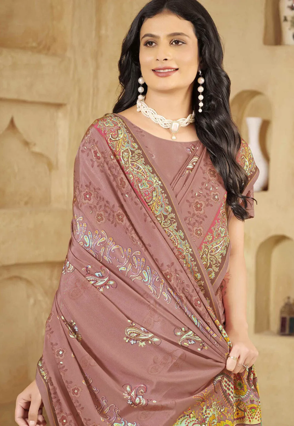 Digital Printed Crepe Silk Saree in Old Rose