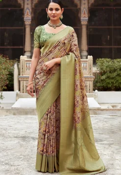 Digital Printed Crepe Silk Saree in Beige