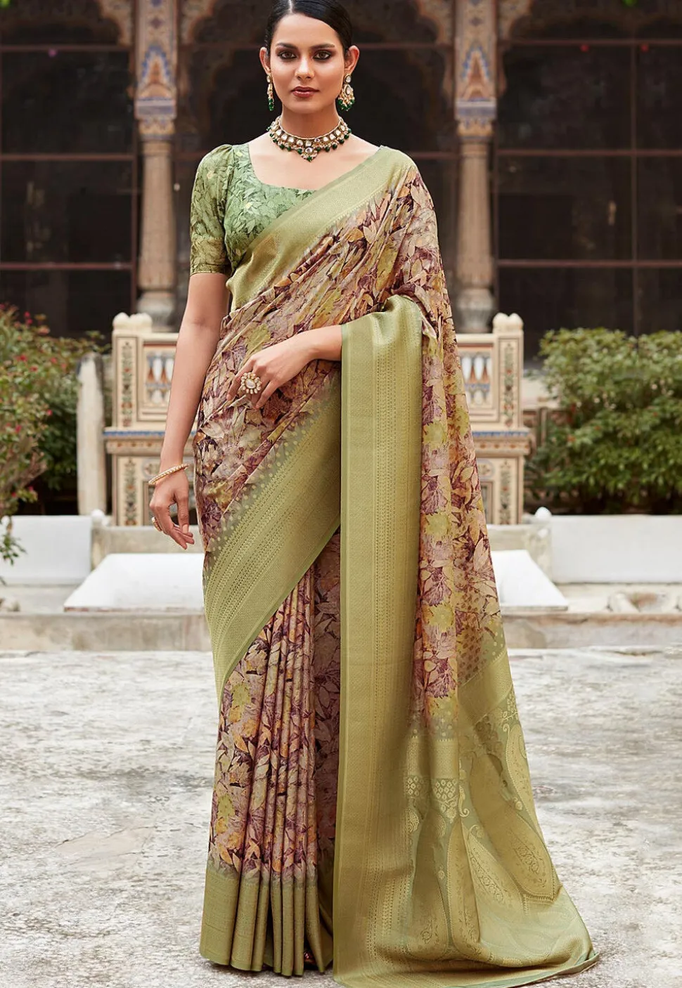 Digital Printed Crepe Silk Saree in Beige
