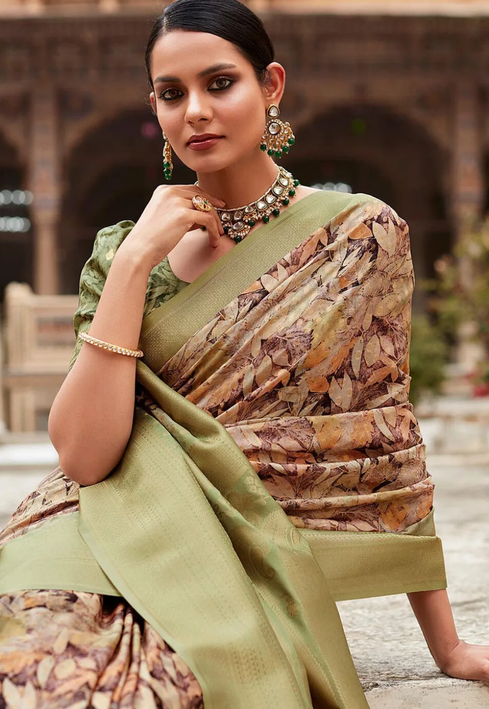 Digital Printed Crepe Silk Saree in Beige