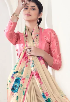 Digital Printed Crepe Silk Saree in Cream