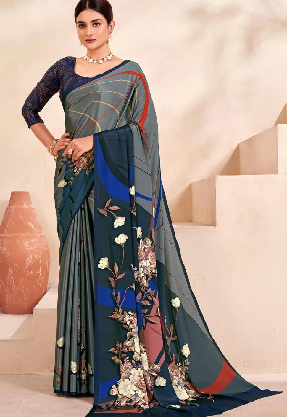 Digital Printed Crepe Silk Saree in Grey