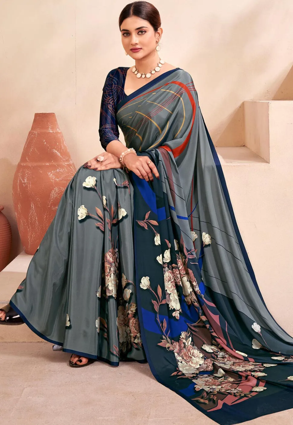 Digital Printed Crepe Silk Saree in Grey