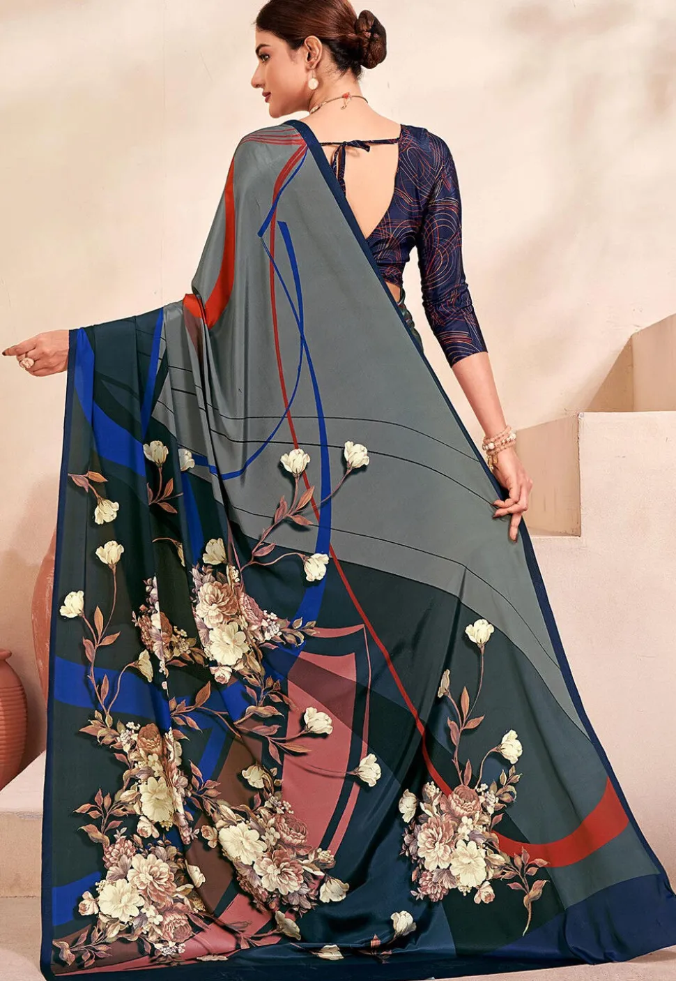 Digital Printed Crepe Silk Saree in Grey