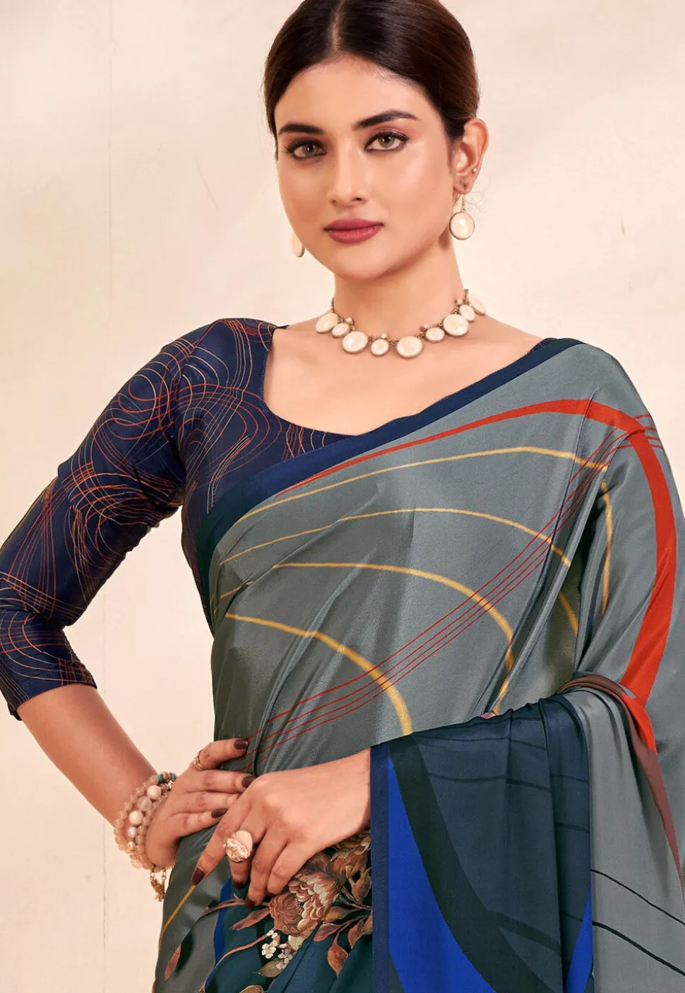 Digital Printed Crepe Silk Saree in Grey