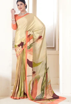 Digital Printed Crepe Silk Saree in Beige