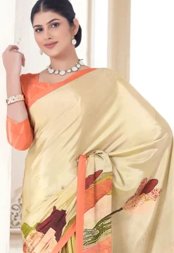 Digital Printed Crepe Silk Saree in Beige