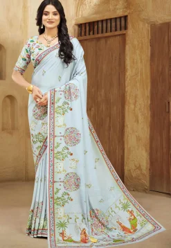 Digital Printed Crepe Silk Saree in Light Blue