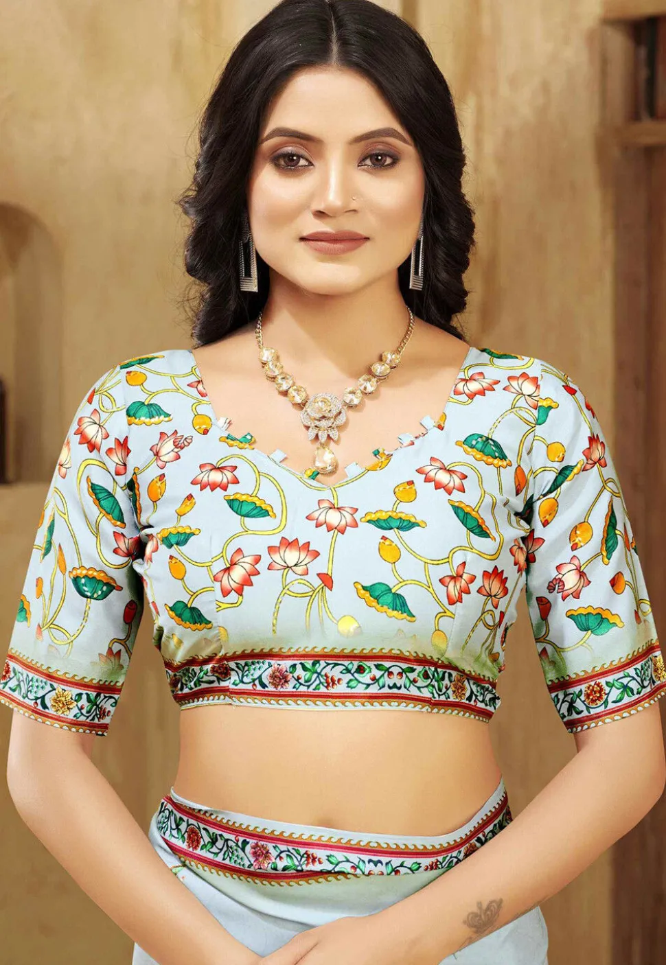 Digital Printed Crepe Silk Saree in Light Blue