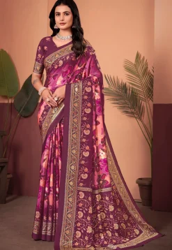 Digital Printed Crepe Silk Saree in Purple