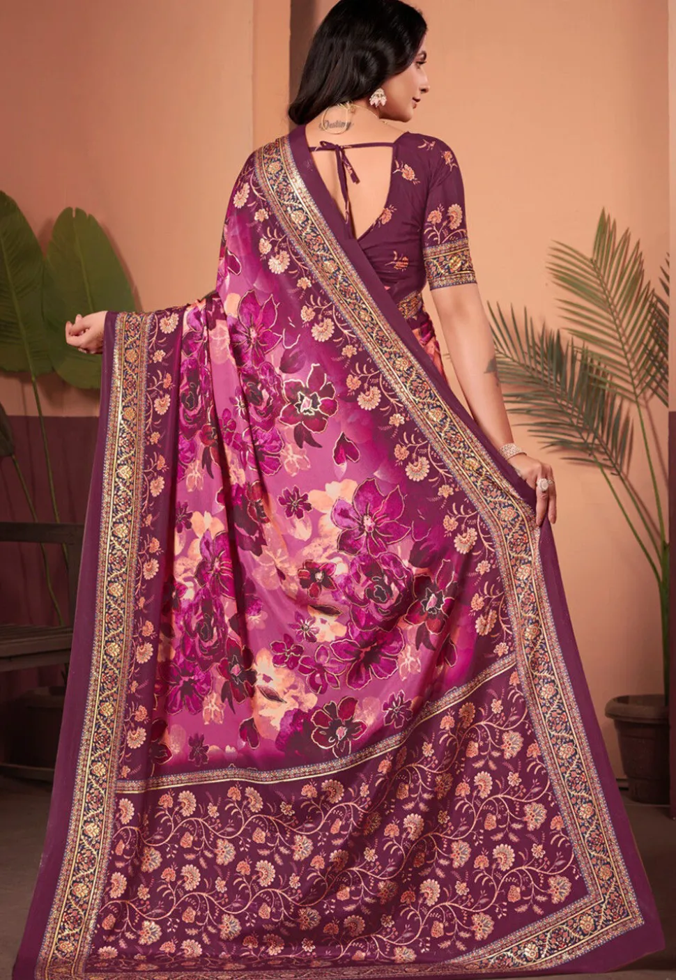 Digital Printed Crepe Silk Saree in Purple