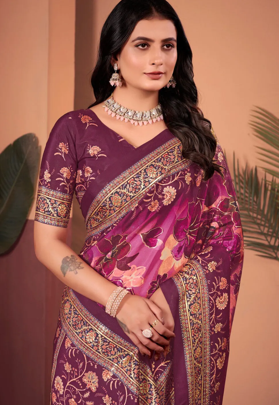 Digital Printed Crepe Silk Saree in Purple