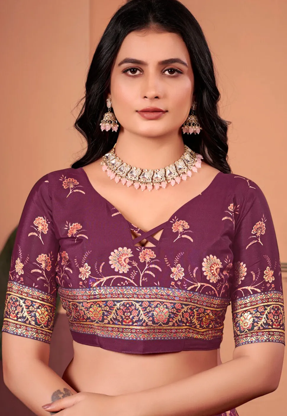 Digital Printed Crepe Silk Saree in Purple