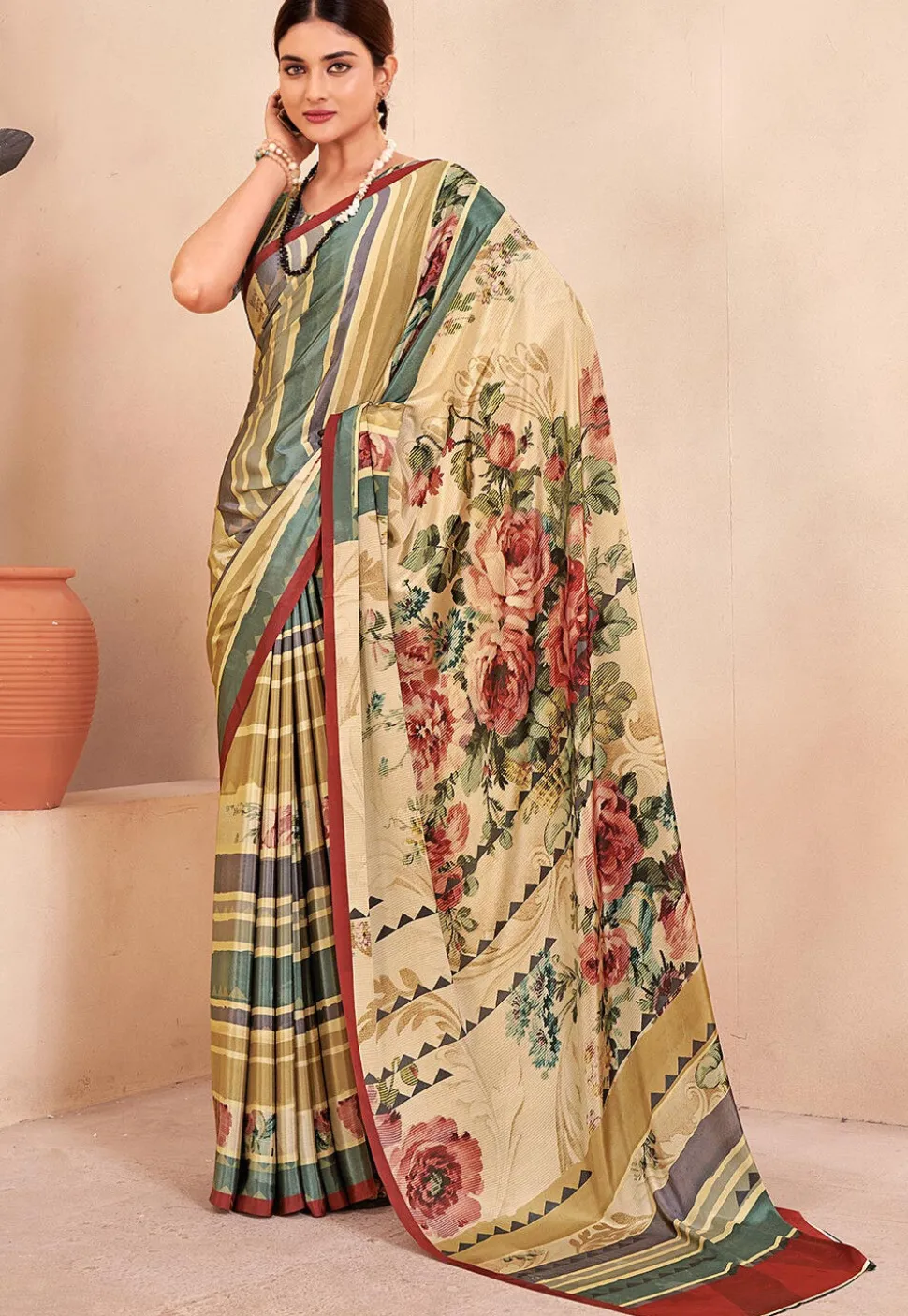 Digital Printed Crepe Silk Saree in Beige