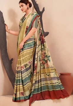 Digital Printed Crepe Silk Saree in Beige