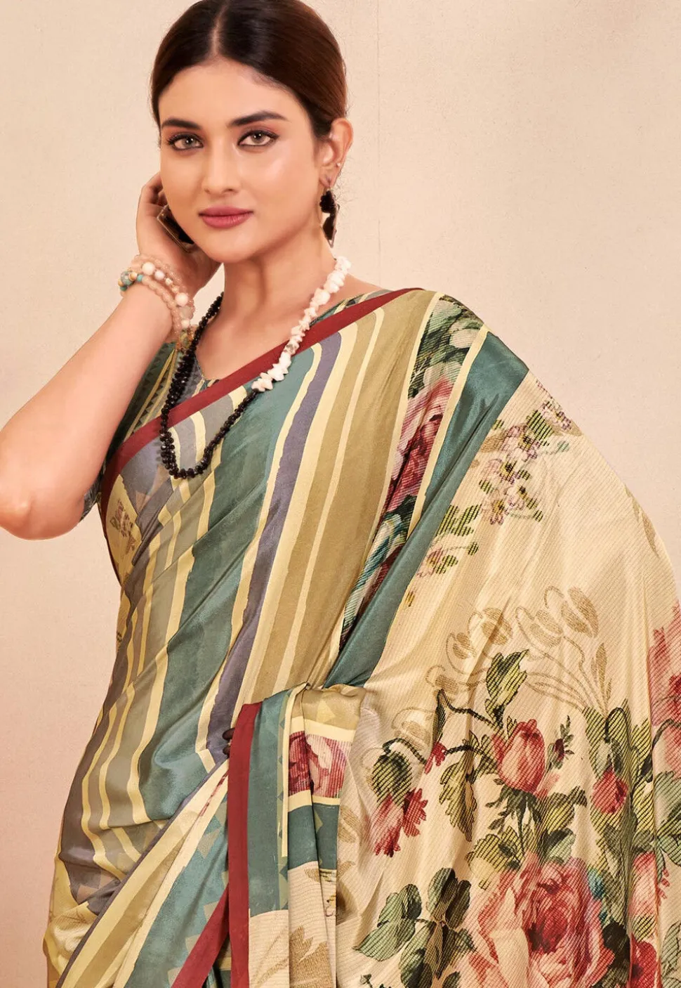Digital Printed Crepe Silk Saree in Beige