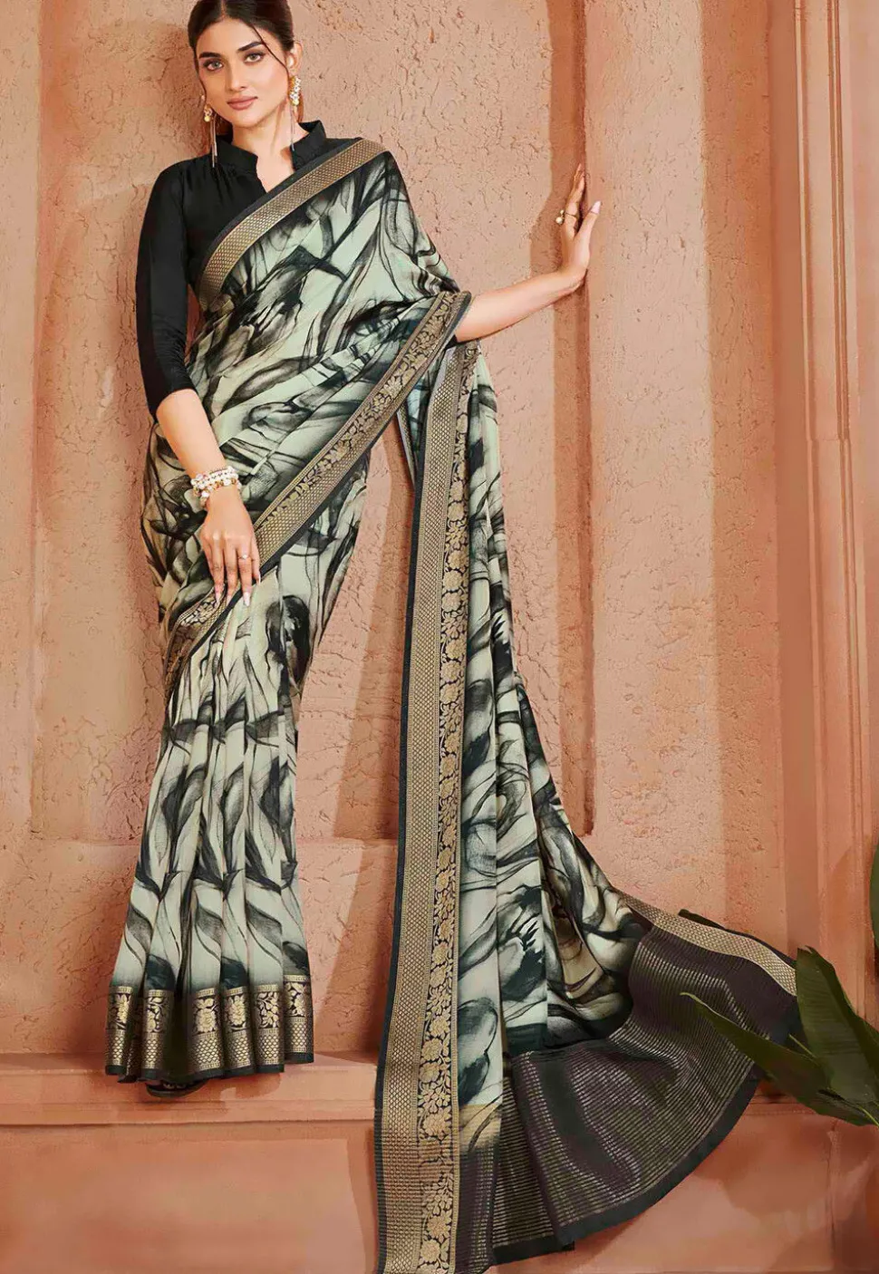 Digital Printed Crepe Silk Saree in Beige