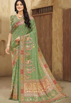 Digital Printed Crepe Silk Saree in Light Green