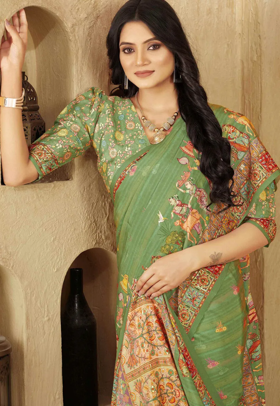 Digital Printed Crepe Silk Saree in Light Green