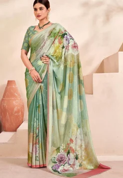 Digital Printed Crepe Silk Saree in Dusty Green