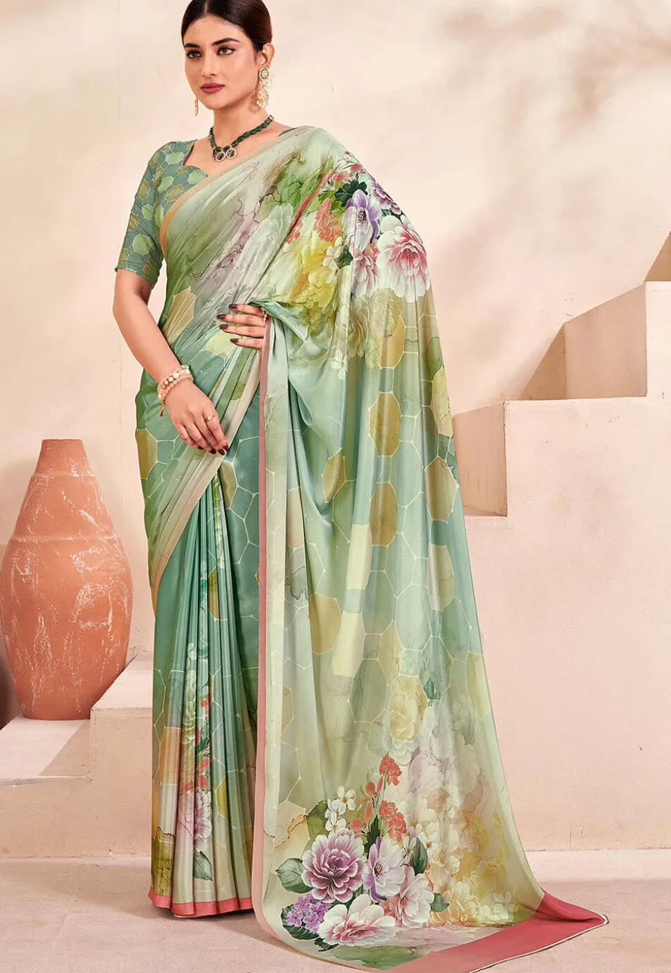Digital Printed Crepe Silk Saree in Dusty Green