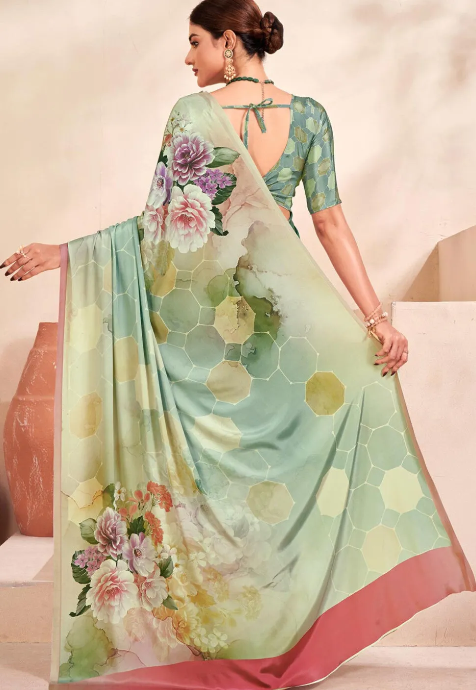 Digital Printed Crepe Silk Saree in Dusty Green