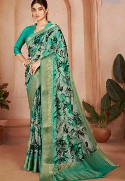 Digital Printed Crepe Silk Saree in Green