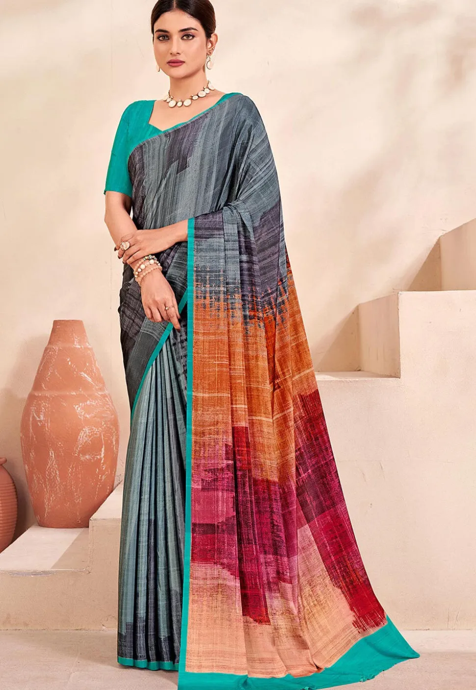 Digital Printed Crepe Silk Saree in Grey and Multicolor