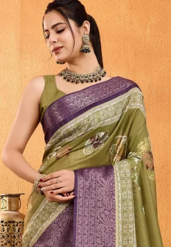 Digital Printed Crepe Silk Saree in Olive Green