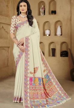 Digital Printed Crepe Silk Saree in Cream