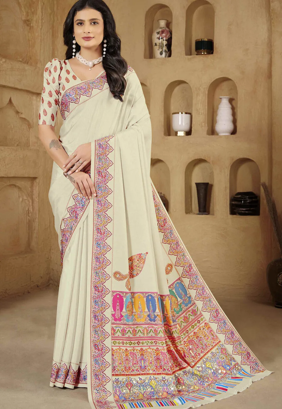 Digital Printed Crepe Silk Saree in Cream