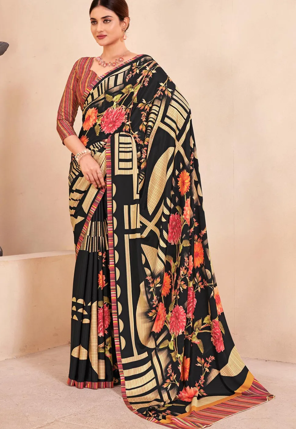 Digital Printed Crepe Silk Saree in Black