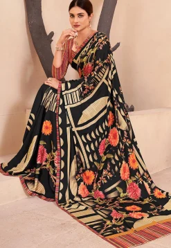 Digital Printed Crepe Silk Saree in Black