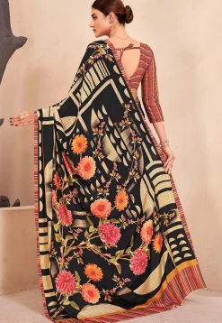 Digital Printed Crepe Silk Saree in Black