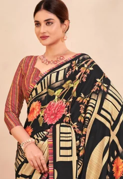 Digital Printed Crepe Silk Saree in Black
