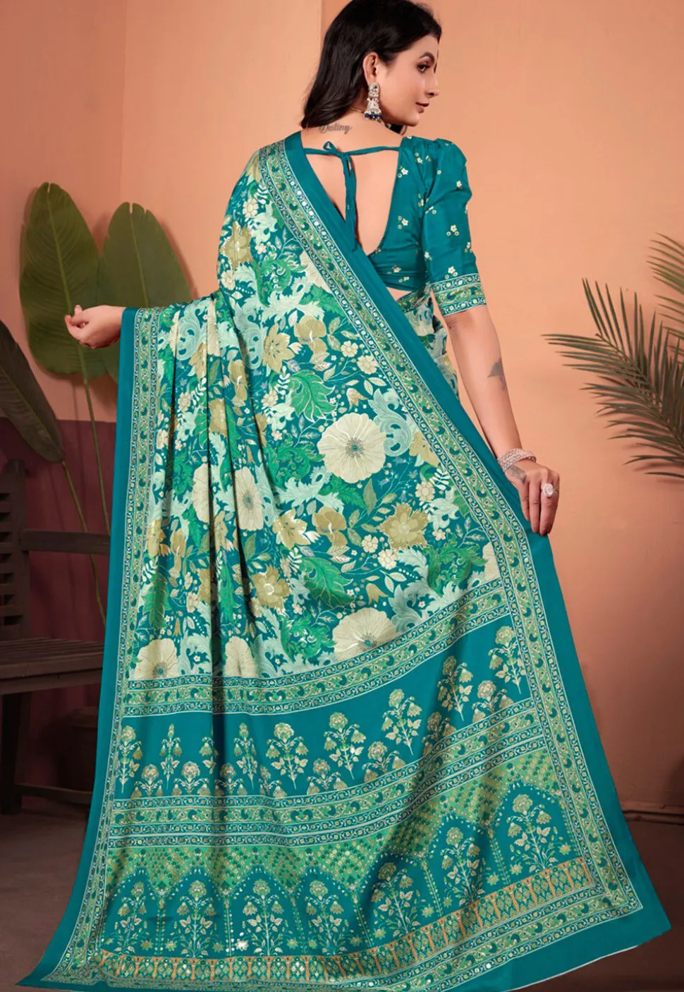 Digital Printed Crepe Silk Saree in Teal Green