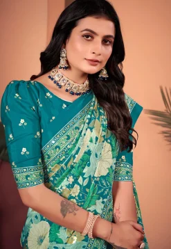 Digital Printed Crepe Silk Saree in Teal Green