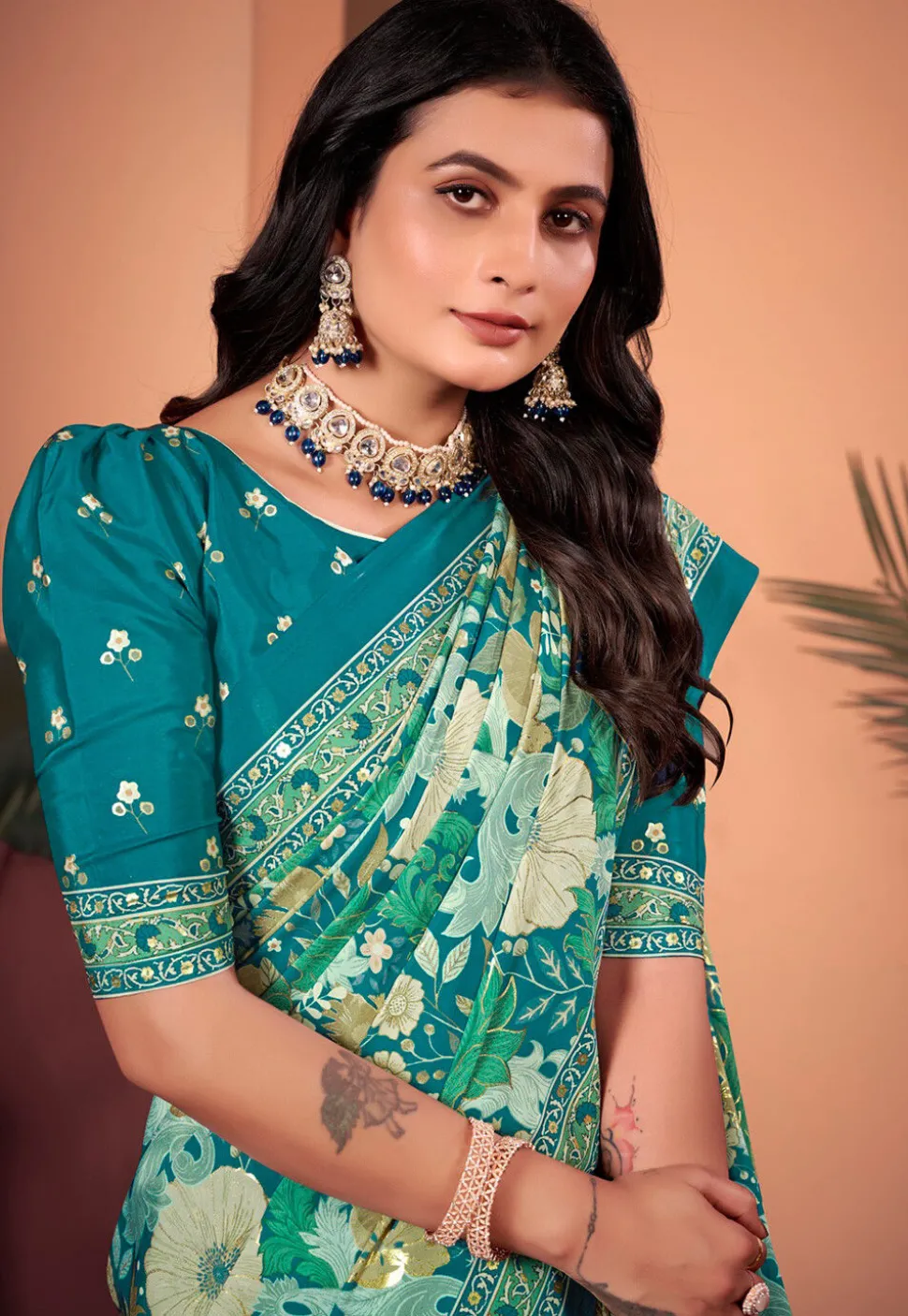 Digital Printed Crepe Silk Saree in Teal Green