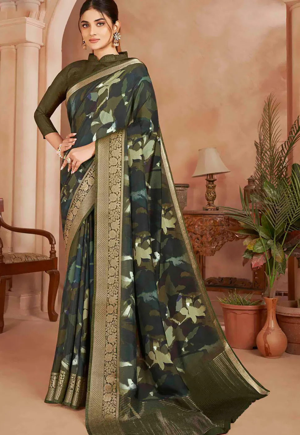 Digital Printed Crepe Silk Saree in Dark Olive Green